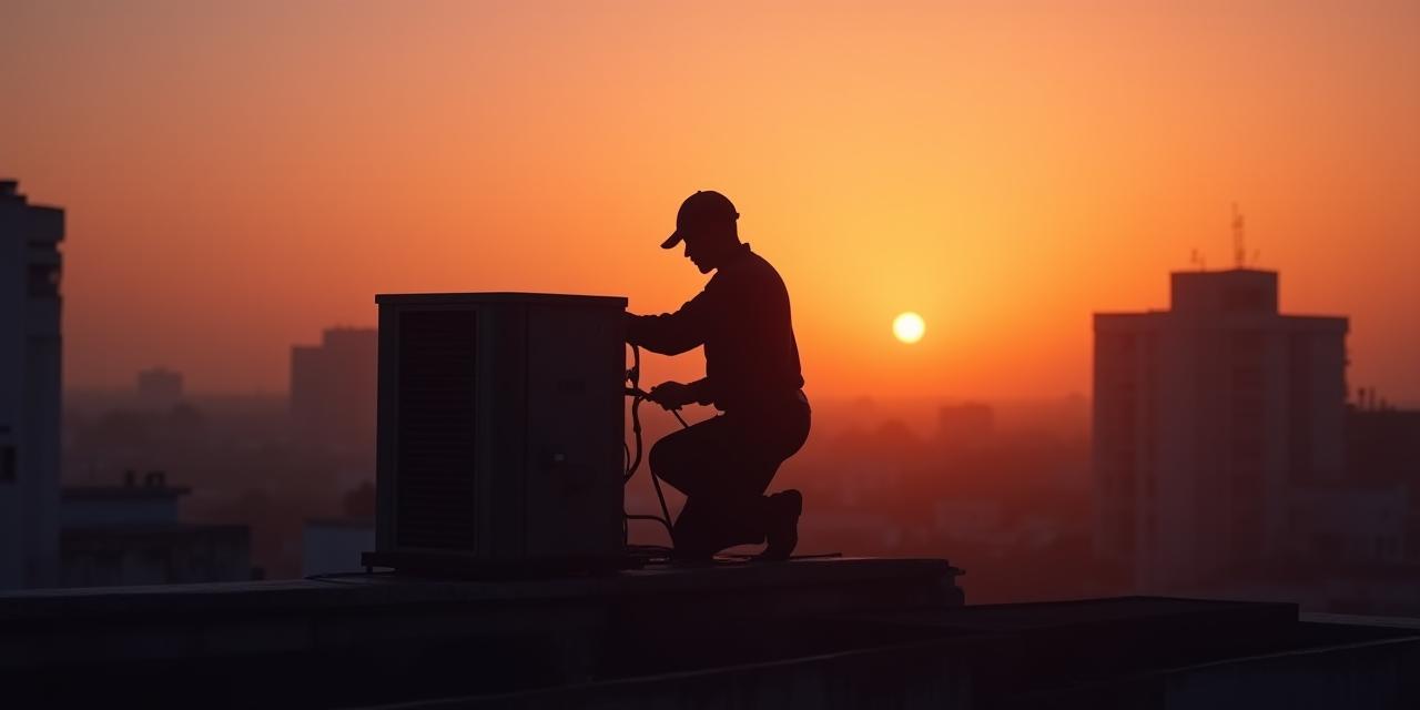 Technician servicing rooftop AC at sunset