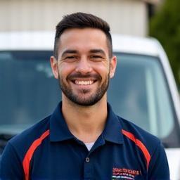 John Doe smiling in front of service van